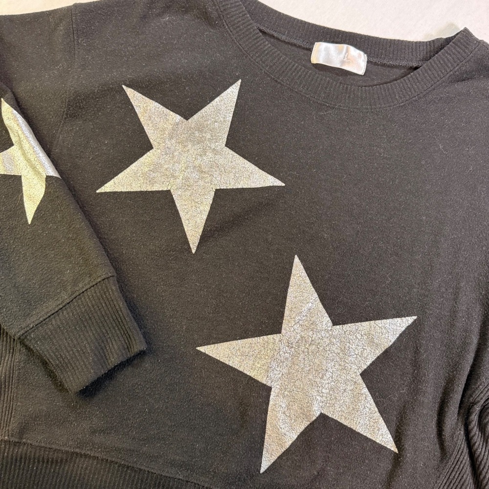 South Pullover Knit Sweater Women L Black Silver Star Long Sleeve Celestial Foil